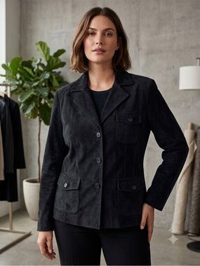 ANNE KLEIN Coat Women’s Large Black Suede Leather Safari Jacket Blazer SIZE LG